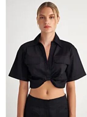 Cropped Knot Front Utility Shirt - Black